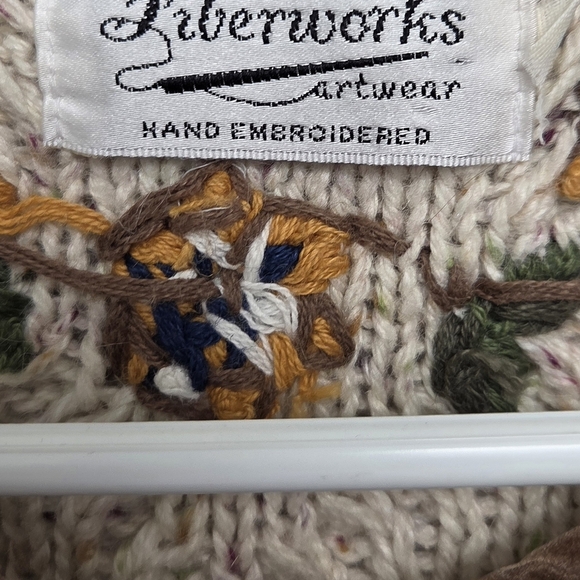 Vintage Fiberwork HandEmbroidered Floral Cream Open Button Cardigan Sweater Sz M - Picture 5 of 10